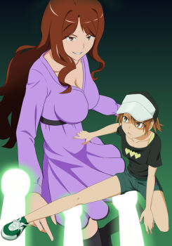Rule 34 | 2girls, bare arms, baseball cap, belt, black belt, black shirt, black thighhighs, breasts, brown eyes, brown hair, cleavage, collarbone, commentary, dress, energy, energy ball, energy beam, feet out of frame, full body, glowing, gradient background, green background, green footwear, green shorts, grin, hair between eyes, hat, heart, heart print, high belt, jack-barro, large breasts, long hair, long sidelocks, long sleeves, medium hair, misaka mikoto, mugino shizuri, multiple girls, official alternate costume, official alternate hairstyle, plasma, ponytail, purple dress, shirt, shoes, short dress, short ponytail, short shorts, short sleeves, shorts, sidelocks, smile, sneakers, thighhighs, toaru kagaku no railgun, toaru kagaku no railgun s, toaru majutsu no index, v-neck, v-shaped eyebrows, wavy hair, white hat, zettai ryouiki