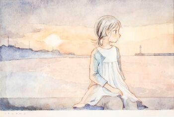 1girl blouse blue_jacket chyoma closed_mouth commentary_request expressionless grey_eyes grey_hair grey_pants hair_tie hand_on_lap highres horizon jacket jetty lighthouse long_sleeves looking_ahead open_clothes open_jacket original outdoors painting_(medium) pants ponytail profile shirt short_hair short_ponytail signature sitting solo sunset traditional_media water watercolor_(medium) white_shirt