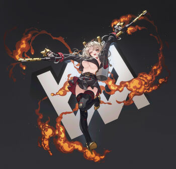 Rule 34 | 1girl, armpits, black boots, black jacket, black skirt, black tube top, blonde hair, boots, breasts, burnice white, chinese commentary, commentary request, flamethrower, full body, hair ornament, han keshi chao mang de, high heel boots, high heels, highres, holding, holding flamethrower, holding weapon, jacket, large breasts, miniskirt, one eye closed, open mouth, red eyes, short hair, skirt, smile, solo, strapless, thighhighs, thighs, tube top, twintails, underboob, weapon, zenless zone zero, zettai ryouiki