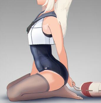 1girl arm_behind_back arm_between_legs blonde_hair commentary_request covered_navel crop_top grey_background head_out_of_frame highres japanese_flag kantai_collection kneeling lifebuoy long_hair old_school_swimsuit one-piece_swimsuit one-piece_tan ro-500_(kancolle) sailor_collar school_swimsuit simple_background solo swim_ring swimsuit swimsuit_under_clothes tan tanline thighhighs user_gdep5322