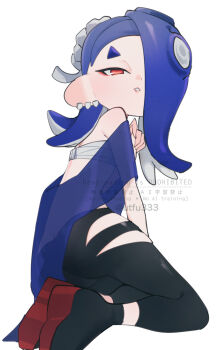 1girl artist_name black_pants black_socks blue_hair blue_shawl butt_crack cephalopod_eyes chest_sarashi commentary_request earrings eyelashes full_body hair_over_one_eye hairband highres jewelry long_hair looking_at_viewer lying multiple_earrings nintendo octoling okobo on_side pants parted_lips platform_sandals red_eyes sandals sarashi see-through_clothes see-through_shawl shawl shiver_(deep_cut_outfit)_(splatoon) shiver_(splatoon) short_eyebrows simple_background socks solo splatoon_(series) splatoon_3 tabi tentacle_hair thick_eyebrows tooth_earrings torn_clothes torn_pants twitter_username utfu333 watermark white_background white_hairband