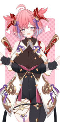 Rule 34 | 1girl, absurdres, ahoge, blush, breasts, chichiri, draph, fingerless gloves, gloves, gradient hair, granblue fantasy, heart, highres, horns, large breasts, londom (lonhomewell), looking at viewer, multicolored hair, pink hair, pointy ears, short hair, sleeveless, smile, solo, weapon, weapon on back