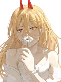Rule 34 | 1girl, absurdres, blonde hair, chainsaw man, commentary, covering own mouth, cross-shaped pupils, demon girl, demon horns, flower, hair between eyes, highres, holding, holding flower, horns, light blush, long hair, long hair between eyes, looking at viewer, mon (icebuko), power (chainsaw man), shirt, simple background, solo, symbol-only commentary, symbol-shaped pupils, tank top, white background, white flower, white shirt, white tank top, yellow eyes