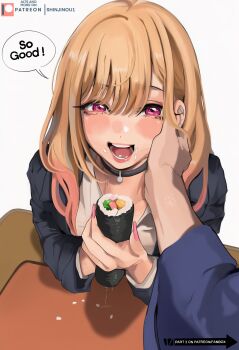 Rule 34 | 1girl, absurdres, blonde hair, blush, breasts, english text, food, food on face, gojou wakana, gyaru, highres, kitagawa marin, lady shin, large breasts, makizushi, multicolored hair, open clothes, open mouth, pink hair, pov, purple eyes, rice, rice on face, shirt, solo focus, sono bisque doll wa koi wo suru, speech bubble, sushi, two-tone hair, white shirt
