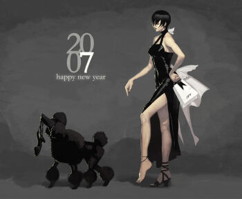 00s 1girl 2007 barefoot black_dress black_hair cocktail_dress dog dress fashion feet female_focus high_heels nekkeau new_year original pinup_(style) poodle realistic shoes short_hair single_shoe solo