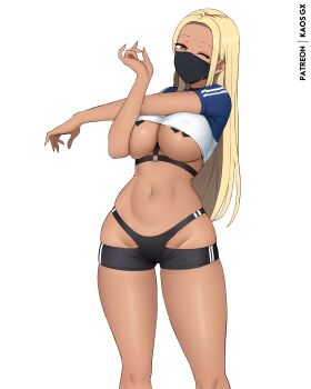 1girl absurdres black_mask black_shorts blonde_hair blue_sleeves breasts cameltoe clothing_cutout commentary covered_mouth cropped_shirt cross cross-body_stretch cross_pasties dark-skinned_female dark_skin ear_piercing earrings eyeshadow feet_out_of_frame gluteal_fold gym_shirt highres hip_vent hoop_earrings jewelry kaos_art large_breasts long_hair looking_at_viewer makeup mask mouth_mask nail_polish navel o-ring one_eye_closed orange_eyes orange_nails original pasties patreon_username piercing shirt short_shorts short_sleeves shorts simple_background skindentation solo sportswear standing very_long_fingernails very_long_hair white_background white_shirt