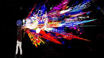 Rule 34 | abstract, black background, black boots, black jacket, black shorts, blue hair, boots, colorful, from side, full body, geometric pattern, highres, jacket, kagune (tokyo ghoul), kirishima touka, leather, leather jacket, leather shorts, looking ahead, official art, overlapped images, shapes, short hair, shorts, simple background, standing, studio pierrot, tokyo ghoul, wide shot