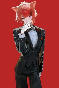 1boy animal_ears antenna_hair black_bow black_bowtie black_pants black_suit bow bowtie closed_mouth cowboy_shot dog_ears formal_clothes gloves hand_up heterochromia highres long_sleeves male_focus pants red_background red_hair rinu_(stpri) simple_background smile solo strawberry_prince suit tsukishiro_yashiro vest waistcoat white_gloves