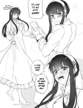 1girl absurdres black_hair blush breasts closed_mouth dress english_text hair_between_eyes hairband highres ideksams jewelry long_hair long_sleeves monochrome shirt simple_background sketch spy_x_family sweatdrop yor_briar