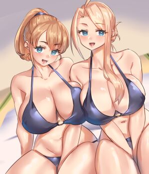 1girl 2girls absurdres bikini blonde_hair blue_bikini blue_eyes breasts brown_hair collarbone commentary_request feet_out_of_frame hair_bun highres indoors intrepid_(kancolle) kantai_collection large_breasts long_single_sidelock multiple_girls o-ring o-ring_top ponytail quanero short_hair sitting solo swimsuit v_arms wasp_(kancolle)