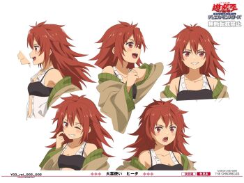 1girl anonymous_(yu-gi-oh!) arm_up bandeau bare_shoulders black_bandeau breasts brown_robe collarbone commentary_request duel_monster english_text finger_to_face from_side grin hair_between_eyes highres hiita_(yu-gi-oh!) hiita_the_fire_charmer light_blush long_hair looking_at_viewer messy_hair multiple_expressions multiple_views navel off_shoulder official_art one_eye_closed open_clothes open_mouth open_robe profile red_eyes red_hair reference_sheet robe sidelocks simple_background small_breasts smile translation_request unbuttoned unbuttoned_shirt variations white_background yu-gi-oh!