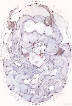 1girl absurdres anyloool bleeding blood commentary curly_hair flower highres horns long_hair original petals purple_eyes purple_hair solo symbol-only_commentary white_flower