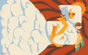 1girl aatom87 breasts closed_eyes commentary dungeon_meshi english_commentary falin_touden falin_touden_(chimera) feathers head_tilt large_breasts medium_hair red_background solo sun underboob white_hair