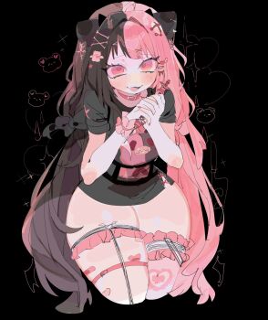 1girl :d ahoge animal_ears asymmetrical_legwear bandaid_on_thigh bear_hair_ornament black_background black_hair black_shirt blush cat_ears collar commentary commission cropped_legs cross-laced_clothes cross-laced_slit cross-laced_top fang frilled_thigh_strap frilled_thighhighs frills from_above hair_intakes hair_ornament hands_up heart highres holding holding_syringe interlocked_fingers long_hair looking_at_viewer multicolored_hair nail_polish no_pants open_mouth original own_hands_clasped own_hands_together pear-shaped_figure pink_collar pink_eyes pink_hair pink_nails pink_thighhighs raised_inner_eyebrows shirt short_sleeves simple_background single_thighhigh skin_fang skindentation smile solo sparkle split-color_hair syringe thick_thighs thigh_strap thighhighs thighs tongue two-tone_hair usa37107692 very_long_hair wide_hips x_hair_ornament