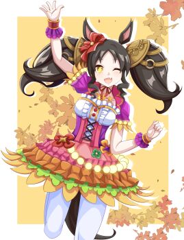 +_+ 1girl absurdres animal_ears black_hair blush bow breasts corset dress ear_bow ear_ornament fang hair_ornament highres horse_ears horse_girl horse_tail long_hair looking_at_viewer marvelous_sunday_(kira_doki_waku_mabe)_(umamusume) marvelous_sunday_(umamusume) medium_breasts multicolored_dress one_eye_closed open_mouth pantyhose shirt short_sleeves smile solo tail twintails umamusume waving white_pantyhose wrist_cuffs xiaofeng yellow_eyes