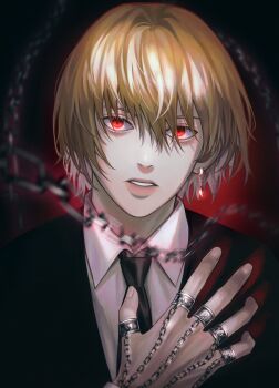 Rule 34 | 1boy, absurdres, bin (binonep), black jacket, black necktie, blonde hair, chain, collared shirt, earrings, hand chains, hashtag-only commentary, highres, hunter x hunter, jacket, jewelry, kurapika, looking at viewer, male focus, necktie, parted lips, red eyes, shirt, short hair, solo, suit jacket, teeth, white shirt