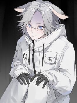 1boy animal_ear_fluff animal_ears aotsuki_eito black_gloves blue_eyes chinese_commentary closed_mouth commentary_request drawstring glasses gloves gradient_background grey_hair hands_on_own_knees high_collar highres hood hood_down hooded_jacket jacket kemonomimi_mode lethe_(jiaodidezheshelu) long_sleeves lop_rabbit_ears male_focus pants pocket rabbit_ears sanpaku shaded_face short_hair sitting sleeves_past_wrists smile solo sweat the_hundred_line_-last_defense_academy- variant_set white_jacket white_pants