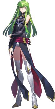 1girl bare_shoulders belt boots breasts breasts_apart c.c. code_geass code_geass:_genesic_re;code covered_navel detached_sleeves from_above full_body green_hair hair_spread_out halterneck hand_up head_tilt highres holding holding_own_hair legs_together leotard leotard_under_clothes long_hair long_sleeves looking_at_viewer lying medium_breasts official_art on_back parted_lips purple_belt sidelocks simple_background solo straight_hair thigh_boots thigh_gap thighhighs transparent_background turtleneck very_long_hair white_boots white_leotard white_thighhighs yellow_eyes