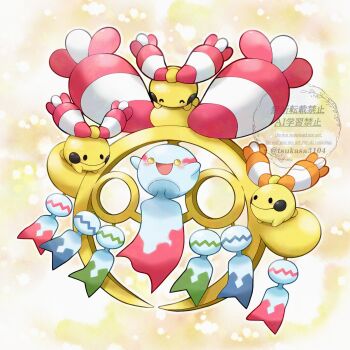 absurdres bell blush chimecho chingling closed_eyes closed_mouth colored_sclera evolutionary_line full_body gen_3_pokemon gen_4_pokemon happy highres mega_chimecho mega_pokemon nintendo no_humans open_mouth pokemon pokemon_(creature) pokemon_focus smile tsukasa_pika wind_chime yellow_eyes yellow_sclera