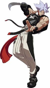 1boy 3d arc_system_works arm_blade belt chipp_zanuff earrings fighting_stance guilty_gear guilty_gear_xrd highres jewelry male_focus muscular ninja official_art shuriken silver_hair sleeveless solo spiked_hair textless_version weapon