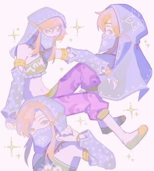 1boy a15179222 arabian_clothes bandeau bare_shoulders blonde_hair bridal_gauntlets circlet commentary_request cropped_torso crossdressing crossdressing_(mtf) detached_sleeves flats full_body hair_between_eyes halterneck harem_pants highres link male_focus medium_hair midriff mouth_veil multiple_views navel nintendo official_alternate_costume pants parted_bangs purple_pants solo sparkle the_legend_of_zelda the_legend_of_zelda:_breath_of_the_wild veil