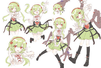 Rule 34 | > <, 1girl, absurdres, belt, character request, chibi, commentary request, extra arms, frilled shirt, frills, green hair, green skirt, heart, highres, j-core, jumping, lite show magic, long hair, long sleeves, looking at viewer, low twintails, monster girl, multiple views, red eyes, shirt, simple background, sketch, skirt, t+pazolite, twintails, white background, white shirt, wusem0108