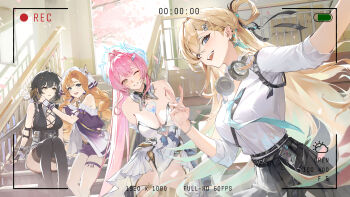 Rule 34 | 4girls, absurdres, aemeath (wuthering waves), bare shoulders, black dress, black hair, black skirt, blonde hair, breasts, cleavage, commentary request, cross-laced clothes, cross-laced dress, dress, female rover (wuthering waves), hair ribbon, headphones, headphones around neck, highres, id card, indoors, large breasts, leotard, long hair, lynae (wuthering waves), medium breasts, multiple girls, one eye closed, open mouth, orange hair, pink hair, ponytail, recording, ribbon, rover (wuthering waves), shirt, shirt tucked in, showgirl skirt, sigrika (wuthering waves), sitting, skirt, sleeveless, sleeveless dress, smile, strapless, strapless leotard, suhsuh, thigh gap, thighs, v, veil, viewfinder, white leotard, white shirt, white skirt, white veil, wuthering waves, yellow ribbon