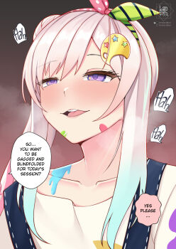 Rule 34 | 1girl, airani iofifteen, airani iofifteen (1st costume), artist logo, blue overalls, blush, collarbone, english text, gradient hair, green ribbon, hair bun, hair ribbon, hololive, hololive indonesia, landacdeus, logo, long hair, multicolored hair, multicolored ribbon, overalls, paid reward available, paint splatter, paint splatter on face, palette hair ornament, parted lips, pink hair, pink ribbon, polka dot, polka dot ribbon, purple eyes, ribbon, solo, speech bubble, star (symbol), star in eye, striped ribbon, symbol in eye, upper body, virtual youtuber