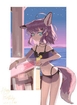 1girl absurdres ahoge animal_ear_fluff animal_ears arknights arm_on_table beach bikini black_bikini blue_eyes caiguang_lianhua closed_mouth cocktail cowboy_shot drink extra_ears fox_ears fox_girl fox_tail grey_hair hair_ornament hairclip hand_on_table happy_birthday highres holding holding_drink horizon jewelry leaning_forward looking_at_viewer material_growth navel necklace night night_sky off-shoulder_bikini off_shoulder official_alternate_costume oripathy_lesion_(arknights) outdoors short_hair short_twintails sky smile solo star_(sky) starry_sky sussurro_(arknights) sussurro_(summer_flower)_(arknights) swimsuit tail twintails water wristband