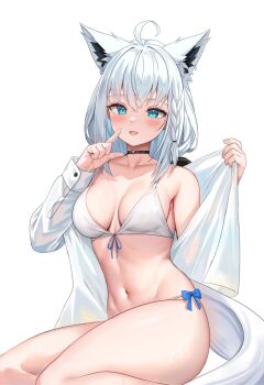 1girl ahoge animal_ear_fluff animal_ears bikini black_choker blush bow braid breasts breasts_apart choker collarbone feet_out_of_frame fox_ears fox_girl fox_tail highres holding holding_shirt holding_unworn_clothes hololive kumarang long_hair medium_breasts navel off_shoulder open_clothes open_mouth open_shirt shirakami_fubuki shirt side_braid simple_background single_braid smile solo swimsuit tail unworn_shirt virtual_youtuber white_background white_bikini white_hair white_shirt