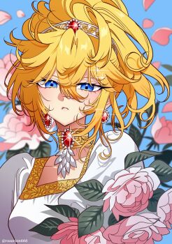 1girl blonde_hair blue_background blue_eyes blurry blurry_background earrings floral_background flower gem hair_between_eyes highres jewelry leaf looking_at_viewer meremero necklace oscar_francois_de_jarjayes parted_lips petals pink_flower pink_rose puffy_short_sleeves puffy_sleeves red_gemstone rose short_sleeves solo sparkle twitter_username updo upper_body versailles_no_bara