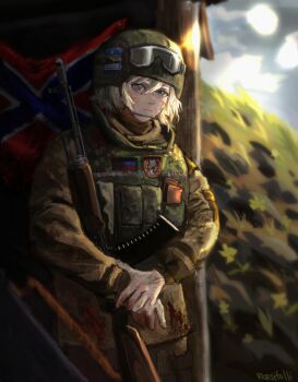 1girl absurdres ak-74 ammunition_pouch artist_name assault_rifle blonde_hair blood blood_on_clothes chinstrap cigarette_pack combat_helmet dirty donetsk_people&#039;s_republic_flag flag_patch goggles goggles_on_head gun helmet highres kalashnikov_rifle load_bearing_vest looking_at_viewer magazine_(weapon) military_combat_uniform military_uniform original own_hands_together persifalli pouch rifle russian_ground_forces russo-ukrainian_war soldier solo translated trench weapon