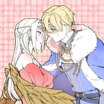 1boy 1girl artist_request bare_shoulders belt blonde_hair blue_cape blue_hair blush breasts cape couple crown detached_sleeves dimitri_alexandre_blaiddyd dimitri_alexandre_blaiddyd_(stargazing_lion) dress edelgard_von_hresvelg edelgard_von_hresvelg_(adorned_eagle) feathered_wings fire_emblem fire_emblem:_three_houses fire_emblem_heroes bad_tag from_side fur-trimmed_cape fur_trim hair_between_eyes headpiece hetero highres incoming_kiss leaning_forward long_hair long_sleeves looking_at_another looking_down looking_up medium_breasts nintendo official_alternate_costume open_mouth parted_bangs parted_lips pink_background pink_lips purple_eyes red_dress second-party_source short_hair standing sweatdrop upper_body white_hair wings