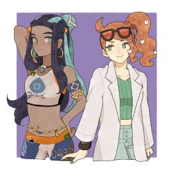 2girls aqua_eyes aqua_hair belly_chain bike_shorts black_hair blue_eyeshadow closed_mouth coat collarbone commentary_request earclip earrings eyelashes eyeshadow green_eyes green_nails green_shirt hair_bun hair_ornament heart heart_hair_ornament hoop_earrings jewelry long_hair makeup midriff multicolored_hair multiple_girls nail_polish navel nessa_(pokemon) nintendo one_side_up open_clothes open_coat orange_hair pants pao_cha_n pokemon pokemon_swsh shirt single_sidelock smile sonia_(pokemon) sports_bra two-tone_hair