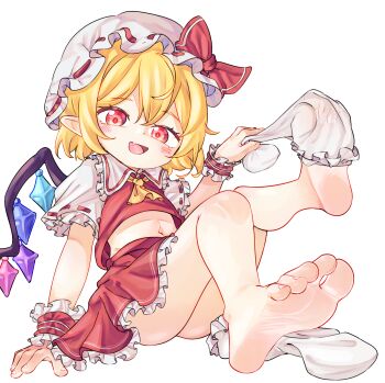 bare_legs barefoot chaosexceed fang fang_out feet flandre_scarlet foot_focus happy highres loli no_shoes red_eyes sitting socks soles stomach toes touhou undressing white_background white_socks