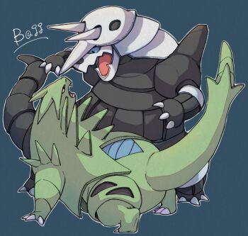 aggron all_fours blue_eyes claws colored_skin commentary_request fangs full_body gen_2_pokemon gen_3_pokemon green_skin horns looking_at_another nintendo no_humans open_mouth pokemon pokemon_(creature) pokemon_focus pokeokome0621 simple_background standing tail tyranitar