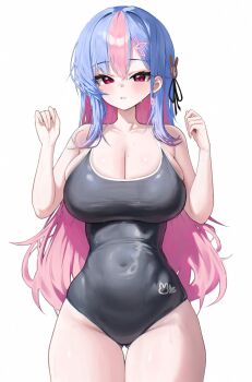 1girl bare_arms bare_shoulders bing_hayu black_one-piece_swimsuit blue_hair blush breasts clock_hair_ornament colored_bangs colored_inner_hair competition_school_swimsuit covered_navel cowboy_shot crossed_bangs earrings gigabani gluteal_fold hair_between_eyes hair_ornament hands_up highres jewelry large_breasts legs_together long_hair looking_at_viewer luvdia mole mole_on_breast mole_under_eye multicolored_hair one-piece_swimsuit parted_bangs parted_lips pink_eyes pink_hair school_swimsuit simple_background solo standing sweat swimsuit thigh_gap two-tone_hair very_long_hair virtual_youtuber white_background
