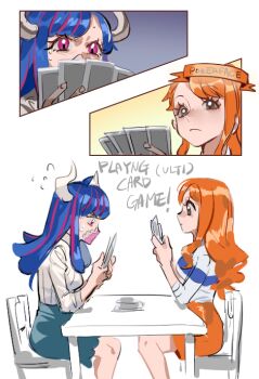 2girls adapted_costume blue_hair blue_skirt brown_eyes card chair close-up closed_mouth commentary english_text feet_out_of_frame flying_sweatdrops from_side holding holding_card horns long_hair mask mouth_mask multiple_girls nami_(one_piece) nami_(one_piece)_(east_blue) nervous_sweating on_chair one_piece orange_hair orange_skirt pink_eyes playing_card profile raine_(acke2445) shirt sidelocks simple_background sitting skirt sweat sweatdrop symbol-only_commentary table ulti_(one_piece) upper_body wavy_hair white_background white_shirt