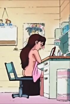 1990s_(style) 1991 1992 1girl :d after_bath animated animated_gif ass ass_focus back bare_back bare_hips bedroom brown_hair butt_crack chair closed_eyes desk eyelashes female_focus genji_tsuushin_agedama head_down heike_ibuki huge_ass indoors laughing legs loli long_hair lowres mirror naked_towel non-web_source nude open_mouth retro_artstyle sitting smile towel
