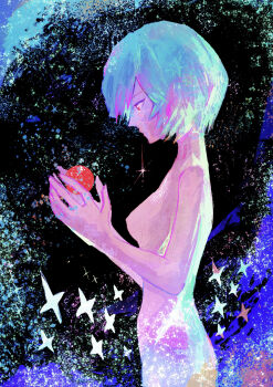 Rule 34 | 1girl, abstract background, absurdres, ayanami rei, black background, blue background, blue hair, breasts, check clothing, closed mouth, clothing request, commentary, dress, english commentary, from side, highres, holding, looking down, medium breasts, multicolored hair, neon genesis evangelion, object request, otonoha aika, pink hair, purple background, red eyes, see-through clothes, see-through dress, short hair, solo, star (symbol), upper body, white hair