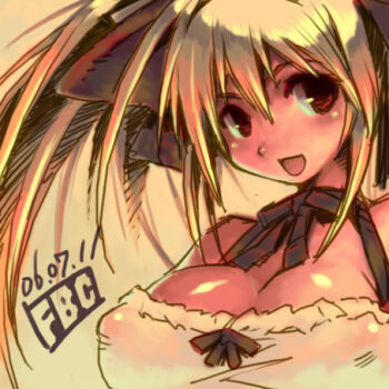 1girl artist_name black_bow black_bowtie blonde_hair blush bow bowtie breasts brown_bow cleavage commentary_request covered_erect_nipples dated di_gi_charat fbc hair_bow large_breasts limited_palette looking_at_viewer lowres open_mouth photoshop_(medium) red_eyes smile solo twintails upper_body usada_hikaru yellow_background