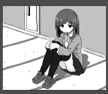 1girl blazer border collared_shirt full_body greyscale hamsterfragment hugging_own_legs jacket jaggy_lines knees_up lapels loafers long_sleeves looking_to_the_side lowres medium_hair miniskirt monochrome neck_ribbon notched_lapels on_ground original parted_lips pleated_skirt ribbon school_uniform shirt shoes sitting skirt solo shinohata_sachie_(hamsterfragment) thighhighs