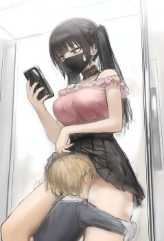 1boy 1girl absurdres age_difference black_hair blonde_hair blush breasts clothed_sex cunnilingus groping heart highres holding holding_phone huge_breasts leg_grab long_hair mask mouth_mask open_mouth oral original panties phone rubbing short_hair shota size_difference underwear