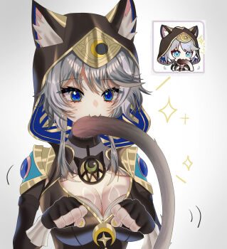 1girl :3 animal_ear_fluff animal_ears black_choker black_gloves blue_eyes blush breasts cat_ears cat_girl cat_tail choker cipher_(honkai:_star_rail) cleavage closed_mouth commentary_request fingerless_gloves fingernails gloves grey_hair hair_between_eyes highres honkai:_star_rail honkai_(series) hood hood_up large_breasts long_hair long_sleeves mole mole_on_breast nail_polish oekakidekinai1 smile sparkle tail upper_body yellow_nails