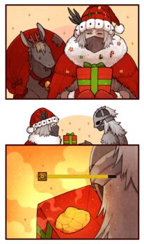 2boys animal armor bell box christmas cloak donar0217 donkey elden_ring gift gift_box hat helmet merchant_kale mittens multiple_boys parody sack santa_costume santa_hat smile sparkle tarnished_(elden_ring) white_hair