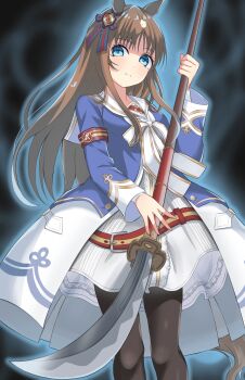 Rule 34 | 1girl, animal ears, armband, black pantyhose, blue eyes, blue jacket, blush, bow, breasts, brown hair, closed mouth, crouching start, dress, ear bow, ear ribbon, grass wonder (stone-piercing blue) (umamusume), grass wonder (umamusume), highres, holding, holding polearm, holding weapon, horse ears, horse girl, horse tail, jacket, long hair, long sleeves, looking at viewer, multicolored hair, naginata, pantyhose, polearm, red armband, sailor collar, solo, tail, umamusume, weapon, white dress, white hair, white sailor collar