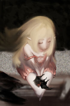 bare_arms bare_legs barefoot bat_(animal) black_background blonde_hair blood bloody_tears blurry blurry_background breasts broken_neck closed_eyes closed_mouth commentary_request dead_animal downblouse dress facing_ahead from_above full_body hanging_legs high_up highres legs_together lips long_hair monogatari_(series) nose on_lap oshino_shinobu pointy_ears red_dress red_eyes shishirui_san sidelocks small_breasts strap_slip sundress v_arms very_long_hair