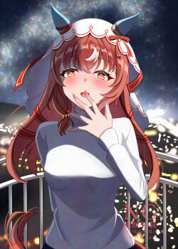 1girl absurdres animal_ears blush bow breasts brown_hair commentary_request ear_covers ear_ribbon hair_between_eyes hair_ornament highres horse_ears horse_girl horse_tail long_hair long_sleeves looking_at_viewer medium_breasts night open_mouth red_eyes ribbon s00h11o13 sky smile solo still_in_love_(umamusume) sweater tail teeth umamusume upper_teeth_only veil white_streaks white_sweater white_veil