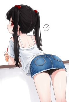 1girl ? ass black_hair comodox cup denim denim_skirt from_behind hair_bobbles hair_ornament highres loli long_hair looking_back lulla_(comodox) original red_eyes shirt skirt solo spoken_question_mark twintails white_shirt