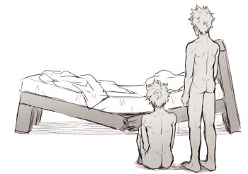 2boys aftersex ass ass_focus back bakudeku bakugou_katsuki bare_back bare_legs barefoot bed bed_sheet blanket boku_no_hero_academia broken_bed completely_nude curly_hair deku_anfang feet from_behind legs messy_hair midoriya_izuku multiple_boys nude pillow sitting speechless spiked_hair standing yaoi
